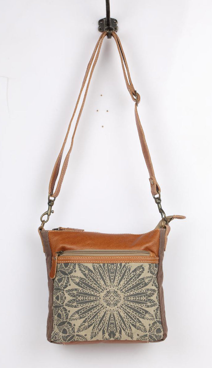 Myra Dizzy Circle Leather Shoulder Bag for Women – Sunburst Floral Print, Adjustable Strap, Rustic Everyday Companion