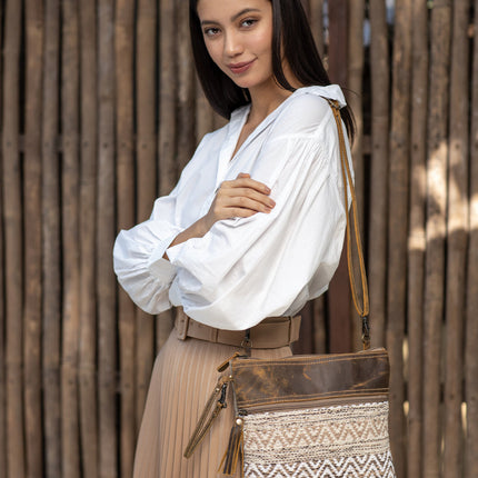 Myra Contentent Aztec Sling Bag for Women – Patterned Canvas, Brown Leather Trim, Crossbody for Everyday Western Look