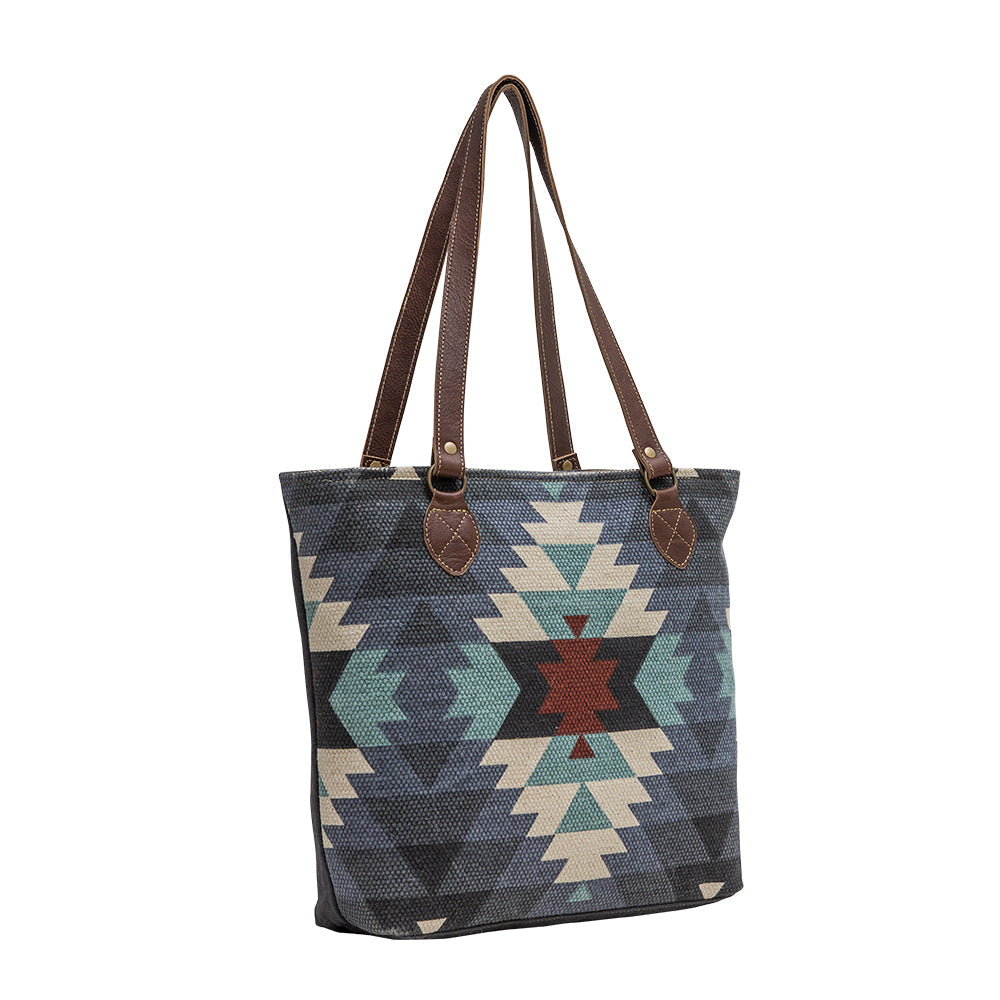 Myra Polos Aztec Canvas Tote for Women – Tribal Print Body with Dual Leather Handles for Everyday Western Style