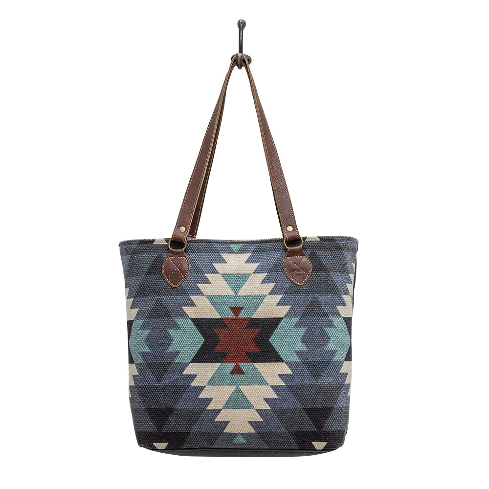 Myra Polos Aztec Canvas Tote for Women – Tribal Print Body with Dual Leather Handles for Everyday Western Style
