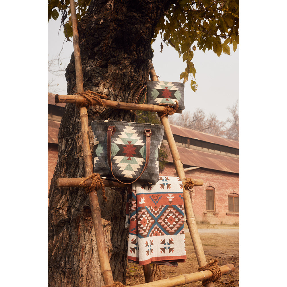 Myra Polos Aztec Canvas Tote for Women – Tribal Print Body with Dual Leather Handles for Everyday Western Style