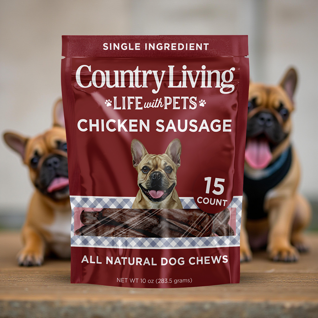 Country Living 4”-5” Beef Flavored Chicken Sausage Dog Treats – 15 Count Bag – Soft & Chewy, High-Protein Training & Reward Treats – Grain-Free, No Artificial Flavors or Preservatives