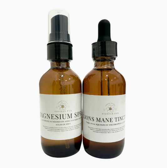 Pioneer Pam Brain Power Combo: Focus, Mental Health, Nervous System Support- Lions Mane Tincture + Magnesium Spray