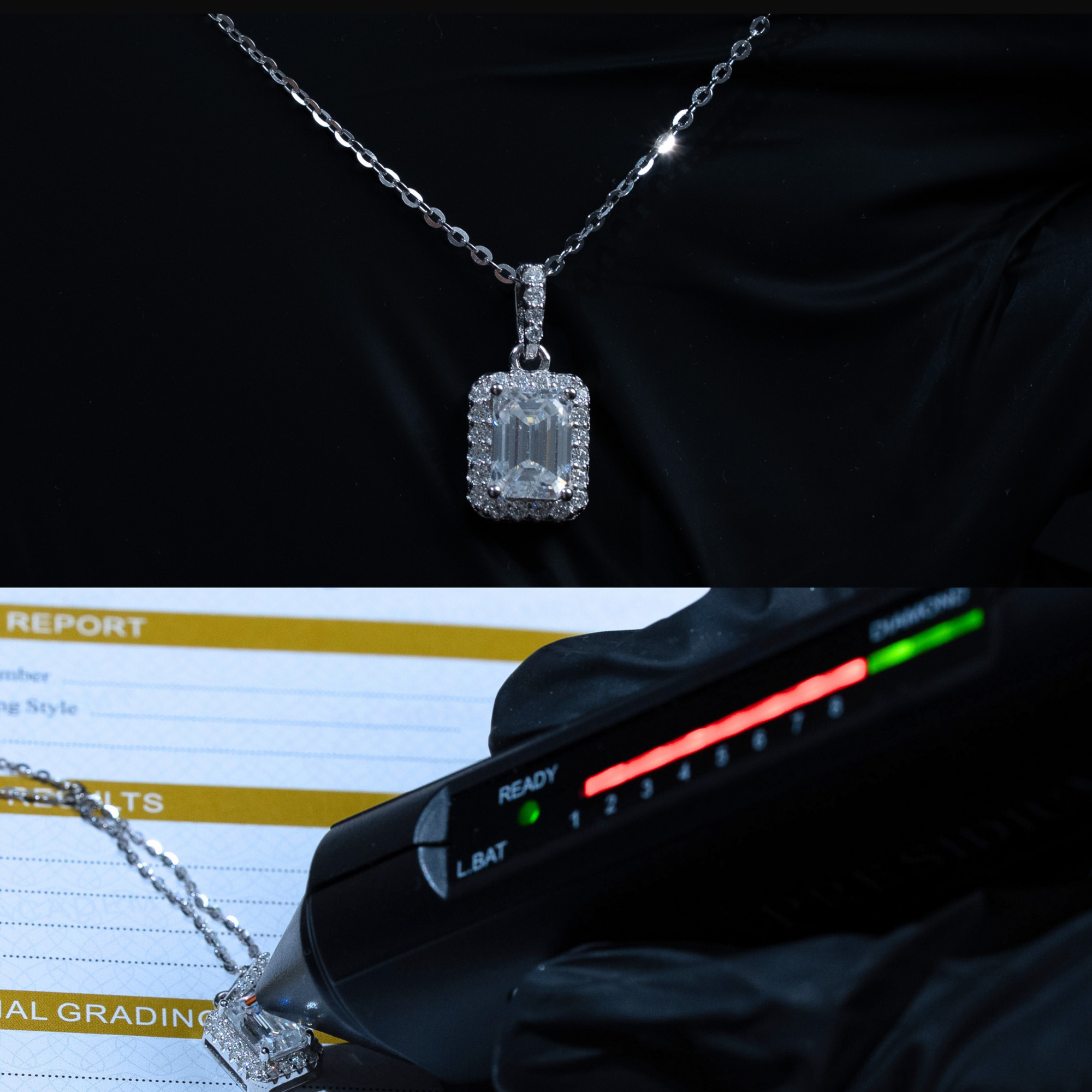 Moissanite 1.2 TCW Emerald Cut Halo Womens Necklace