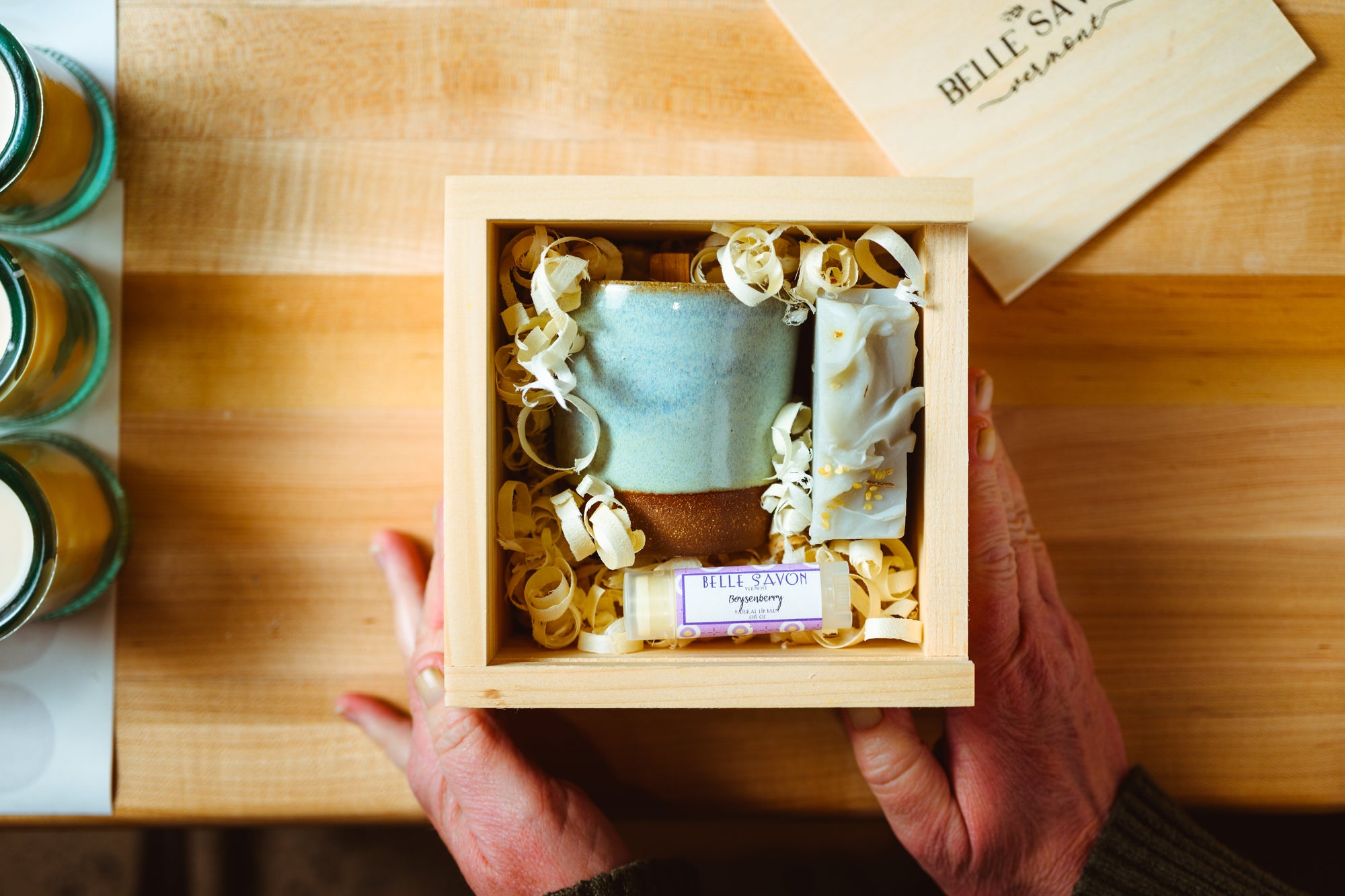 Vermont Handmade Gift Set, Pottery Candle, Artisan Soap and Lip Balm in Wooden Box-Brida l Party-Hostess Gift