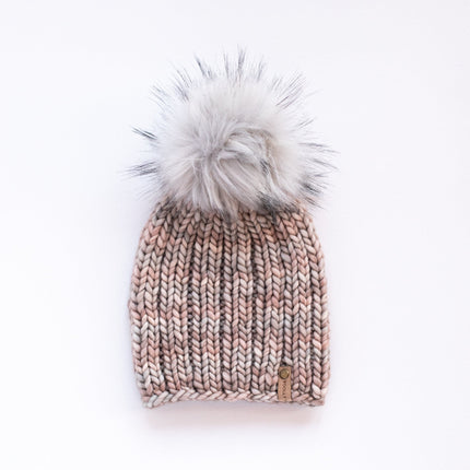 Pearl Gray Merino Wool Ribbed Knit Hat with Faux Fur Pom Pom