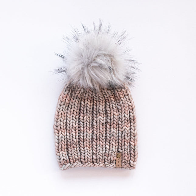 Pearl Gray Merino Wool Ribbed Knit Hat with Faux Fur Pom Pom