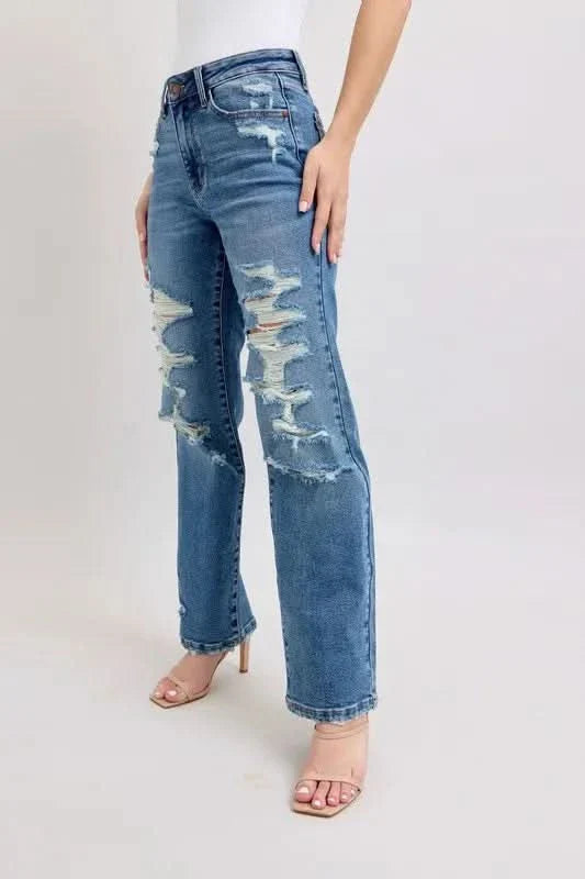 Judy Blue Full Size High Waist Heavy Destroy Straight Jeans