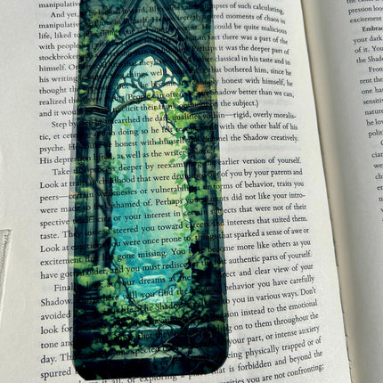 Gothic Arch Fantasy Ruins Bookmark – Transparent Book Accessory with Overgrown Ivy, Ancient Stonework and Mystical Castle View