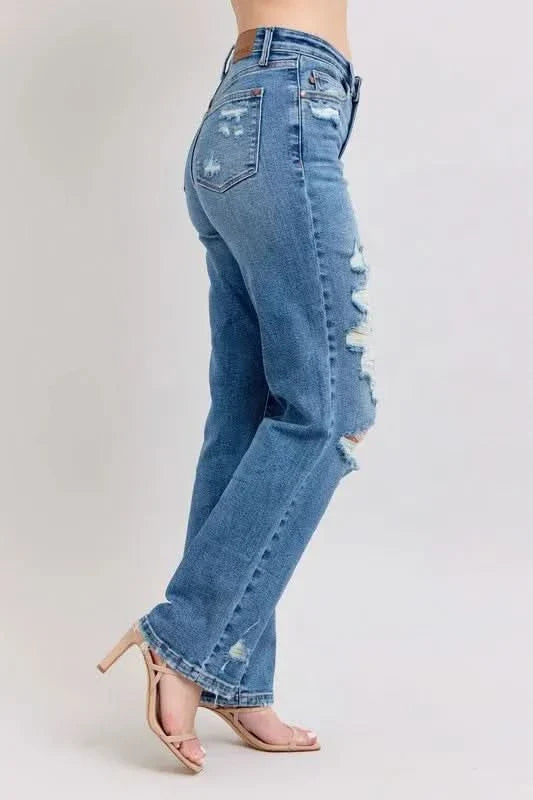 Judy Blue Full Size High Waist Heavy Destroy Straight Jeans