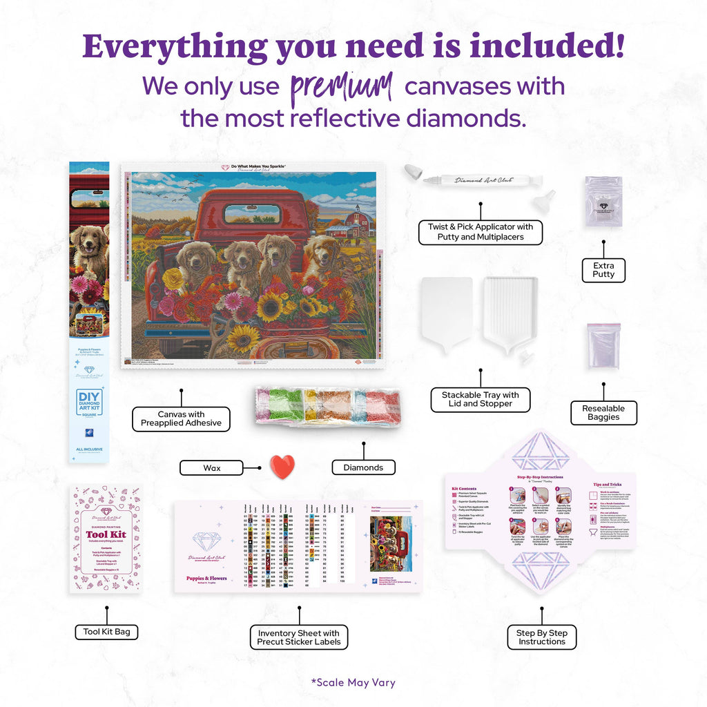 Diamond Art Club – Puppies and Flowers Diamond Painting (Square Drill, 36.2" x 27.6")