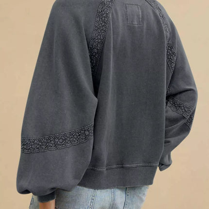 Lace Detail Notched Long Sleeve Sweatshirt