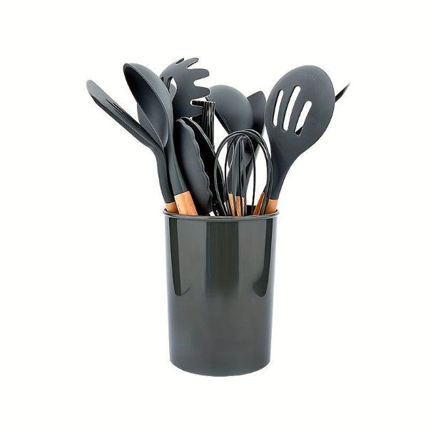 12-Piece Grey Silicone Kitchen Utensil Set with Holder – Heat Resistant