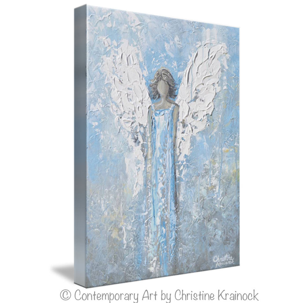 GICLEE PRINT Abstract Angel Painting Art Light Blue White Guardian Angel Palette Knife Fine Art Spiritual Wall Art