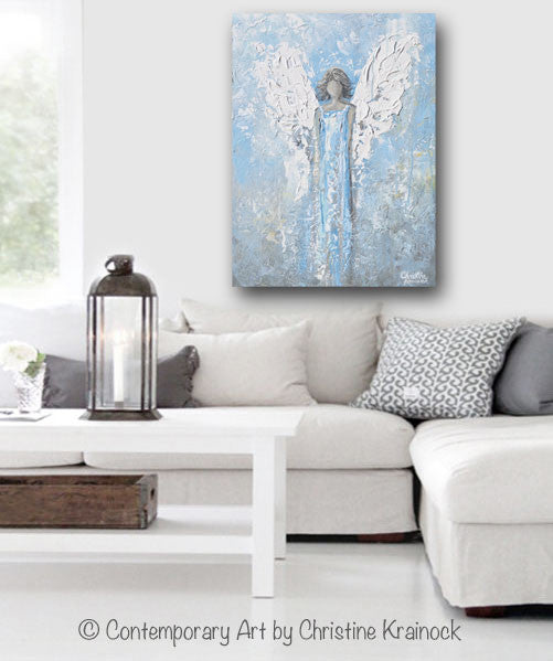 GICLEE PRINT Abstract Angel Painting Art Light Blue White Guardian Angel Palette Knife Fine Art Spiritual Wall Art
