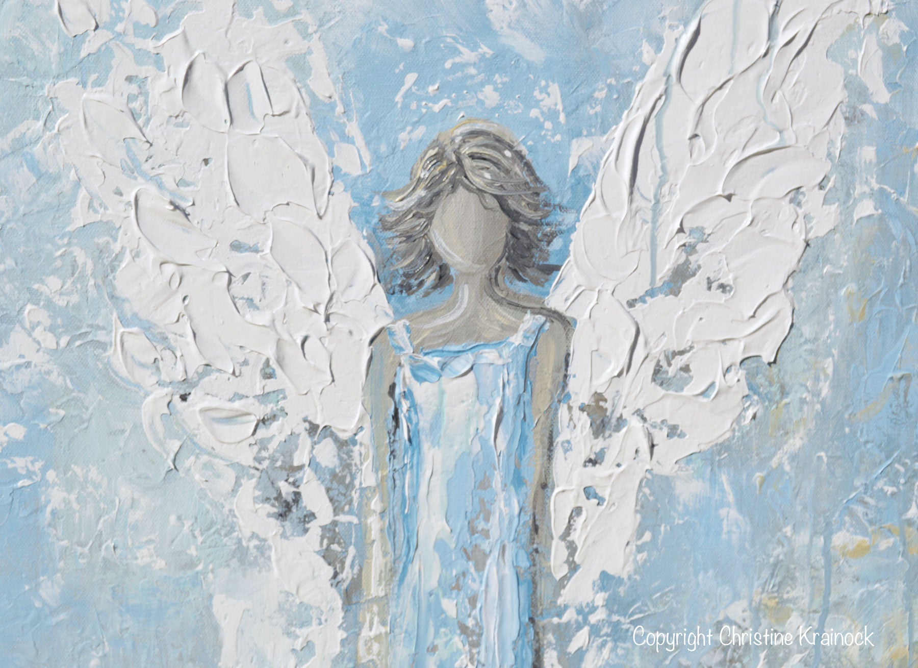 GICLEE PRINT Abstract Angel Painting Art Light Blue White Guardian Angel Palette Knife Fine Art Spiritual Wall Art
