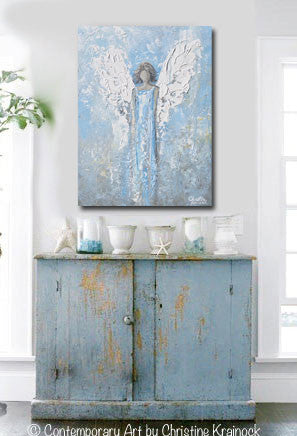 GICLEE PRINT Abstract Angel Painting Art Light Blue White Guardian Angel Palette Knife Fine Art Spiritual Wall Art