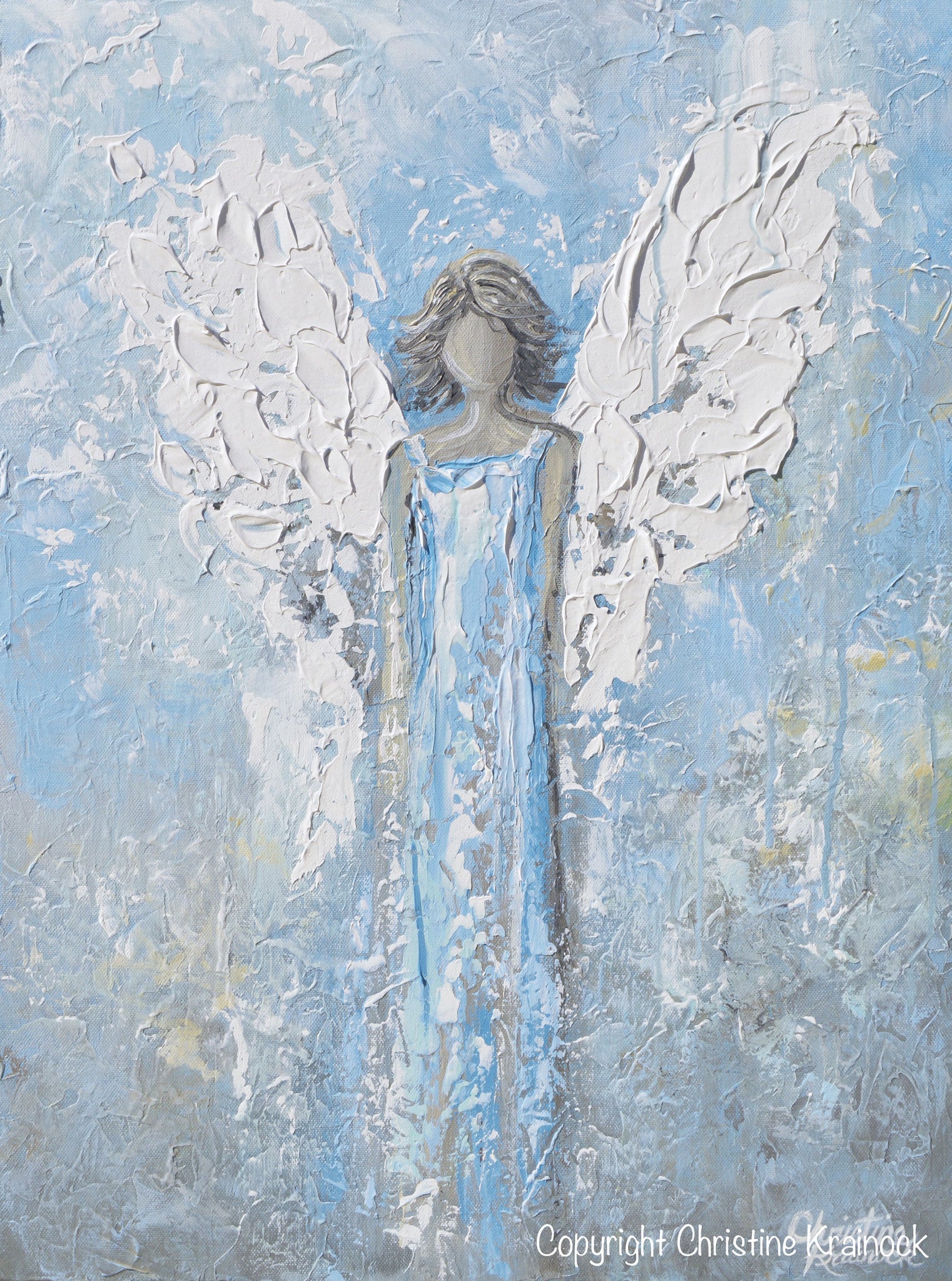 GICLEE PRINT Abstract Angel Painting Art Light Blue White Guardian Angel Palette Knife Fine Art Spiritual Wall Art