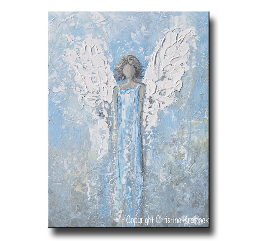 GICLEE PRINT Abstract Angel Painting Art Light Blue White Guardian Angel Palette Knife Fine Art Spiritual Wall Art