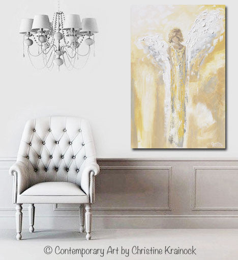 GICLEE PRINT Art Angel Painting Gold Grey White Abstract Guardian Angel Modern Home Wall Art Large