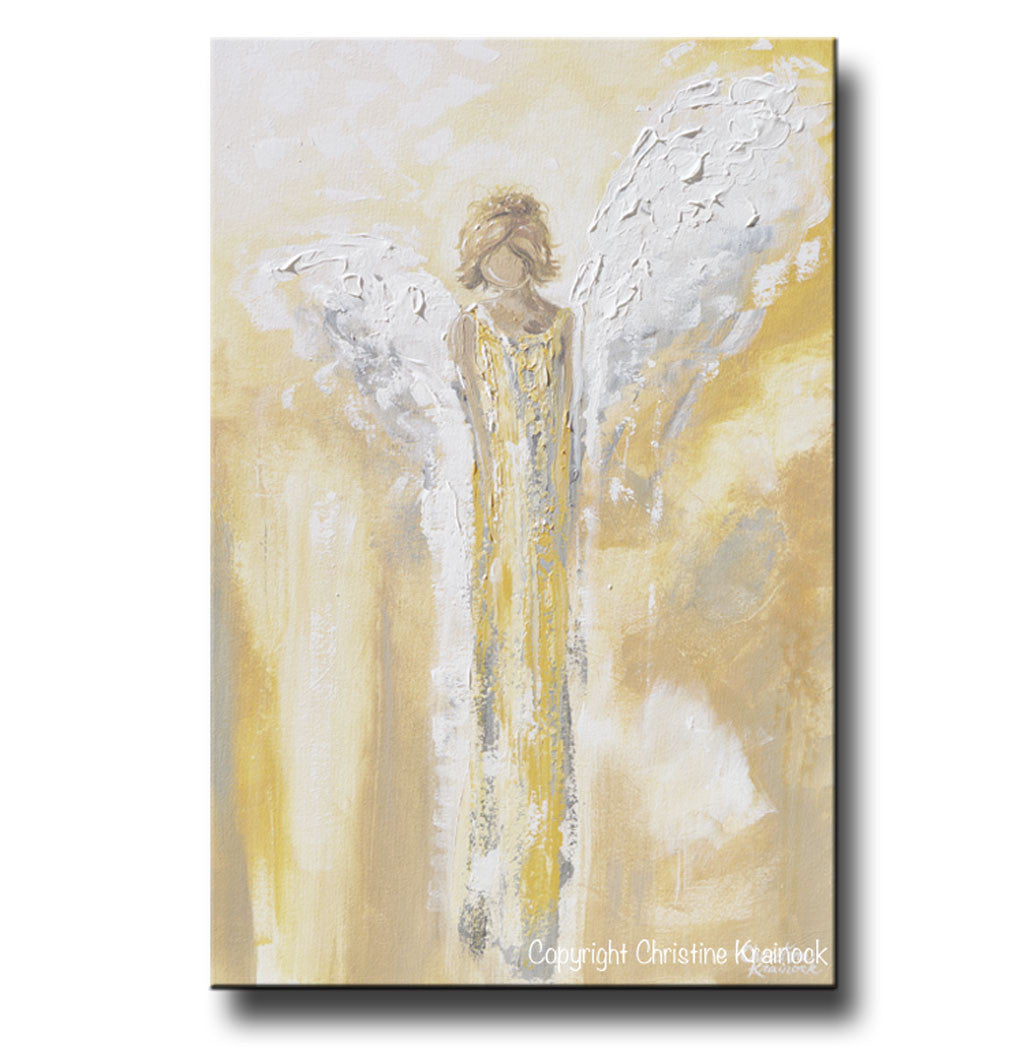GICLEE PRINT Art Angel Painting Gold Grey White Abstract Guardian Angel Modern Home Wall Art Large