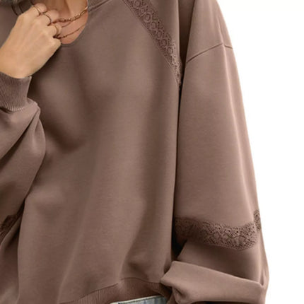 Lace Detail Notched Long Sleeve Sweatshirt