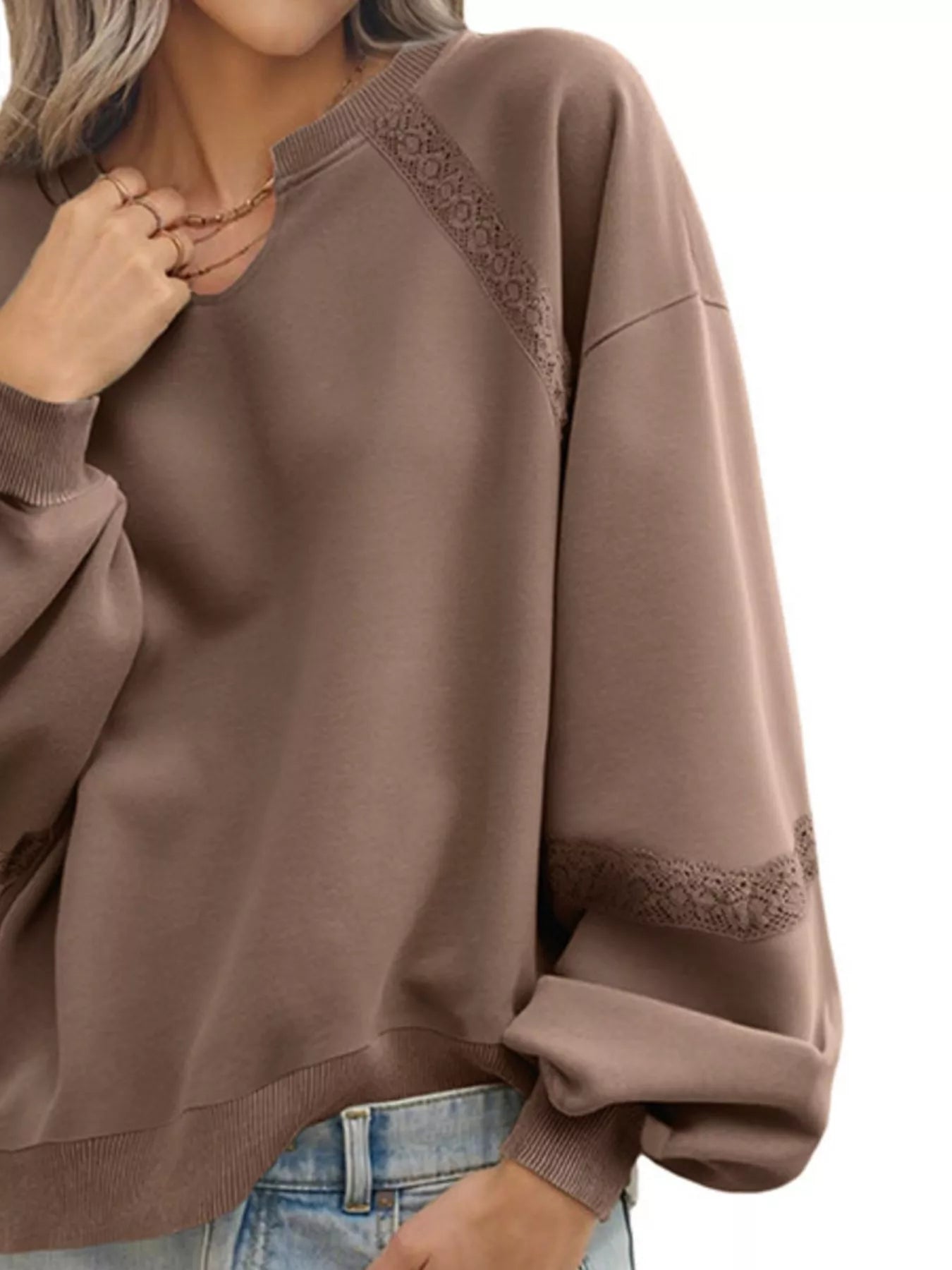 Lace Detail Notched Long Sleeve Sweatshirt