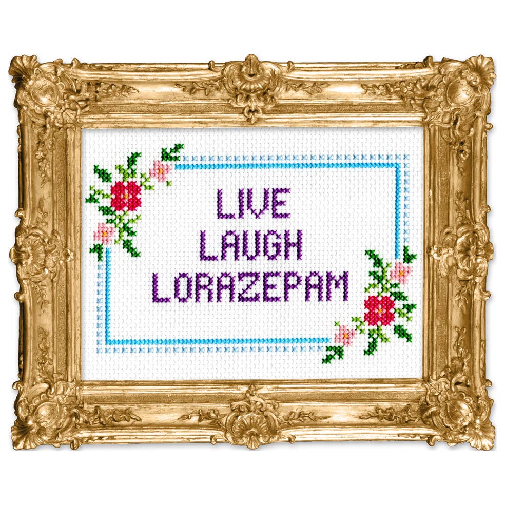 Deluxe Cross Stitch Kit – “Live Laugh Lorazepam” Funny Floral Pattern