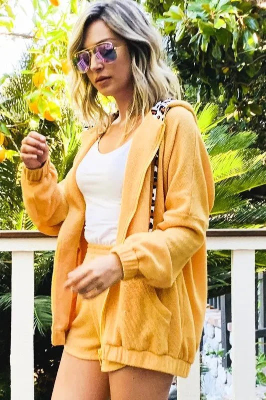 Trendsi Hidden Leopard Knit Hoodie Top & Shorts Set - Apparel & Accessories > Clothing > Shirts & Tops