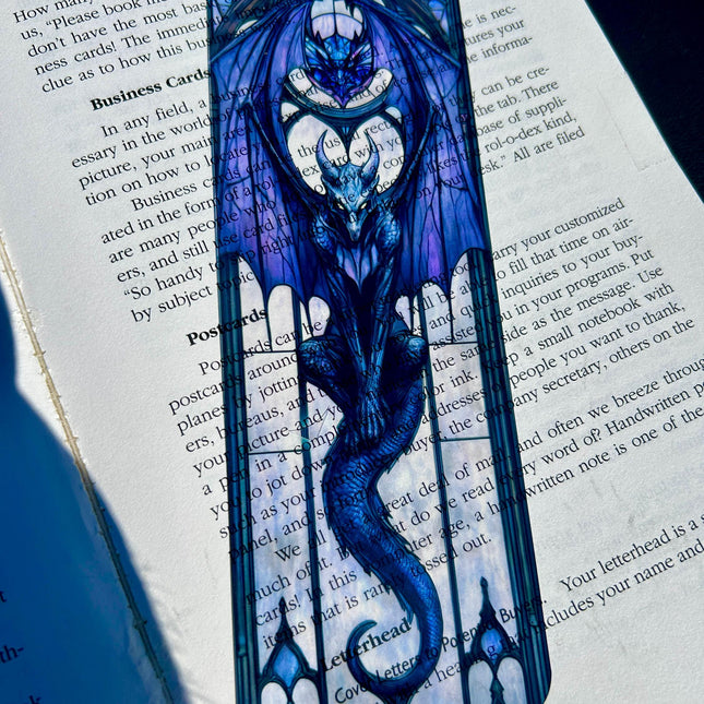 Gargoyle Stained Glass Bookmark with Open Wings and Stormy Grays – Gothic Fantasy Art for Dark Academia Fans, Mythic Readers