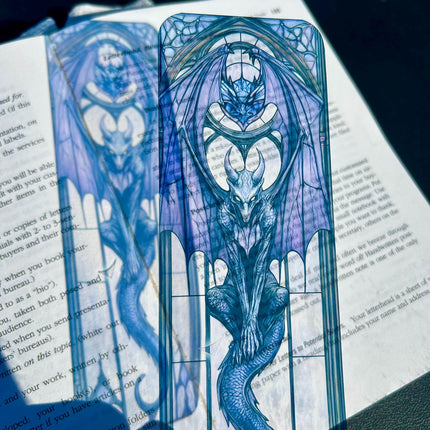 Gargoyle Stained Glass Bookmark with Open Wings and Stormy Grays – Gothic Fantasy Art for Dark Academia Fans, Mythic Readers