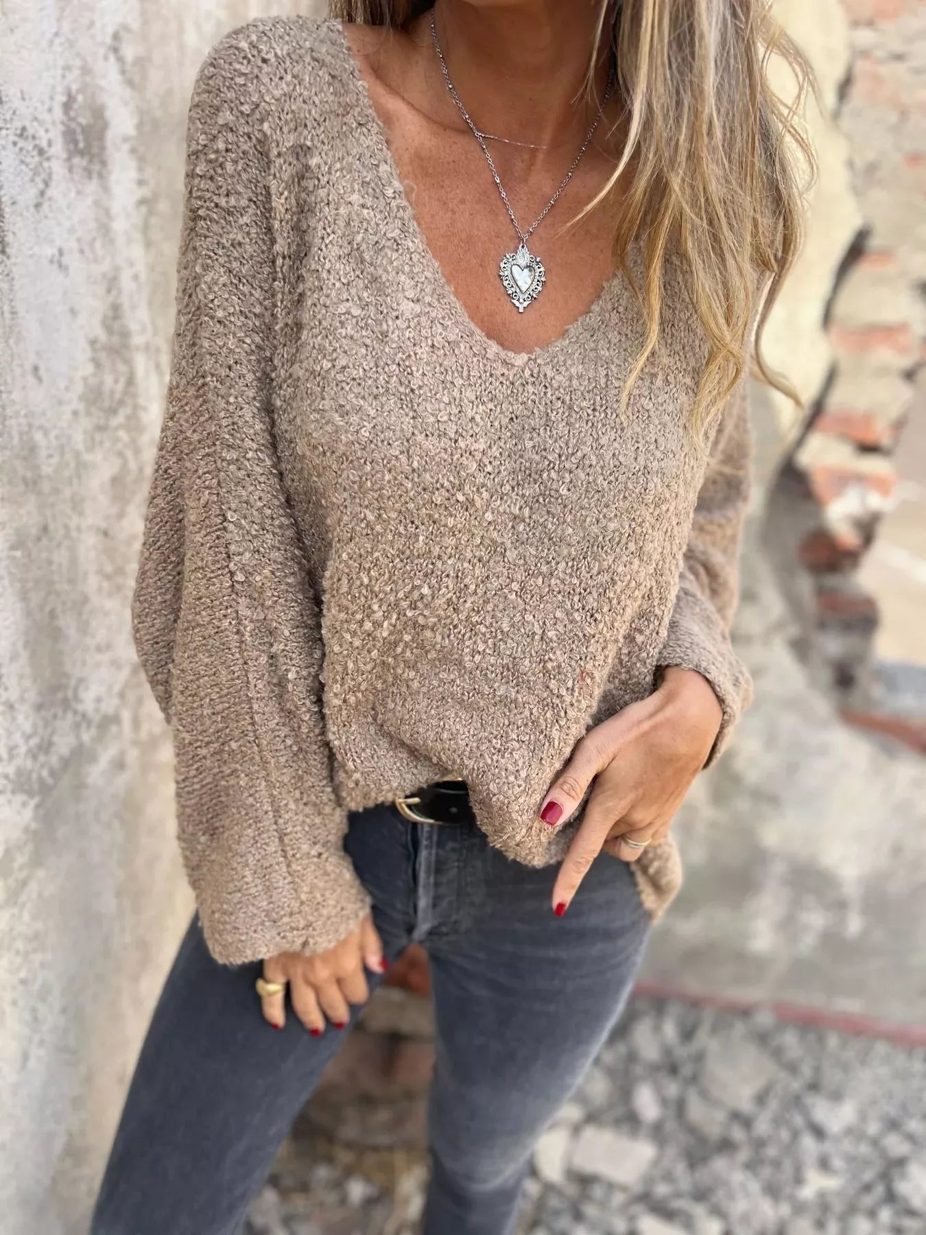 Full Size V-Neck Long Sleeve Sweater Plus Size