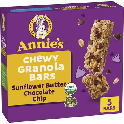 Annies Chewy Granola Bars, Sunflower Butter Chocolate Chip, Organic Snacks, 5 Count, 4.45 Oz