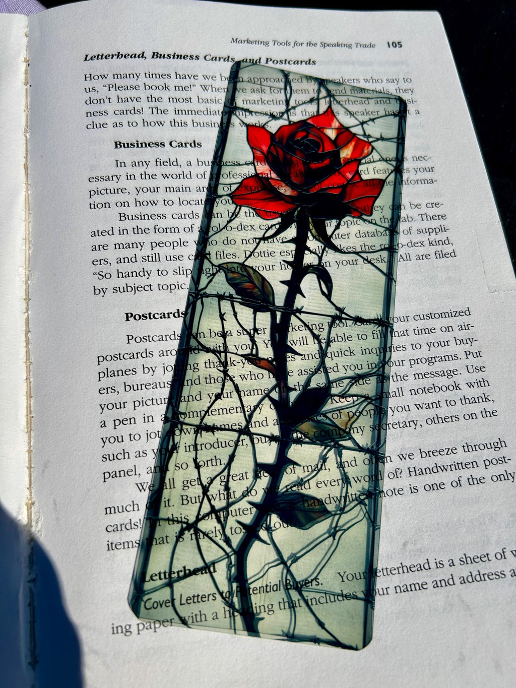 Gothic Rose Stained Glass Bookmark – Dark Romantic Floral Page Marker with Barbed Wire Aesthetic for Book Lovers