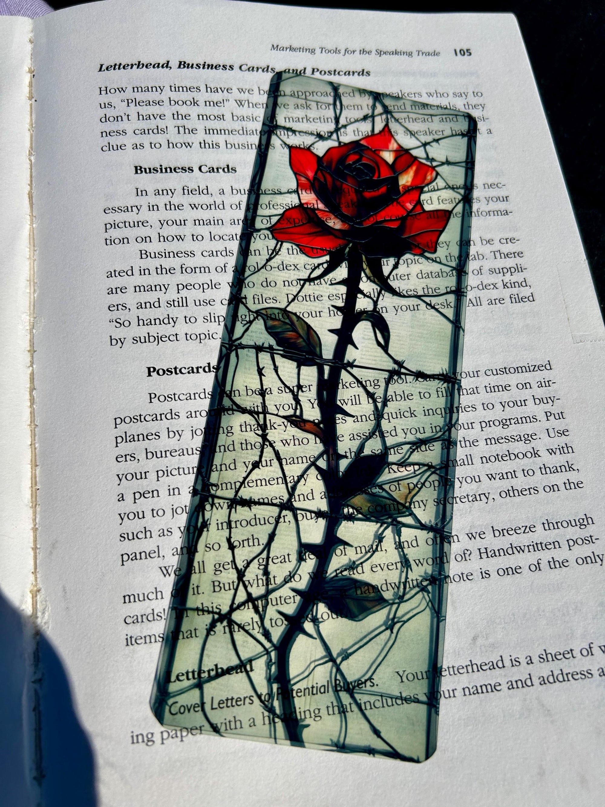 Gothic Rose Stained Glass Bookmark – Dark Romantic Floral Page Marker with Barbed Wire Aesthetic for Book Lovers