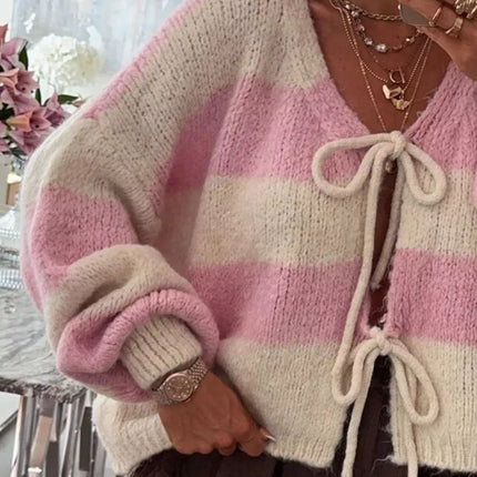 Striped Tie-Front Knit Cardigan