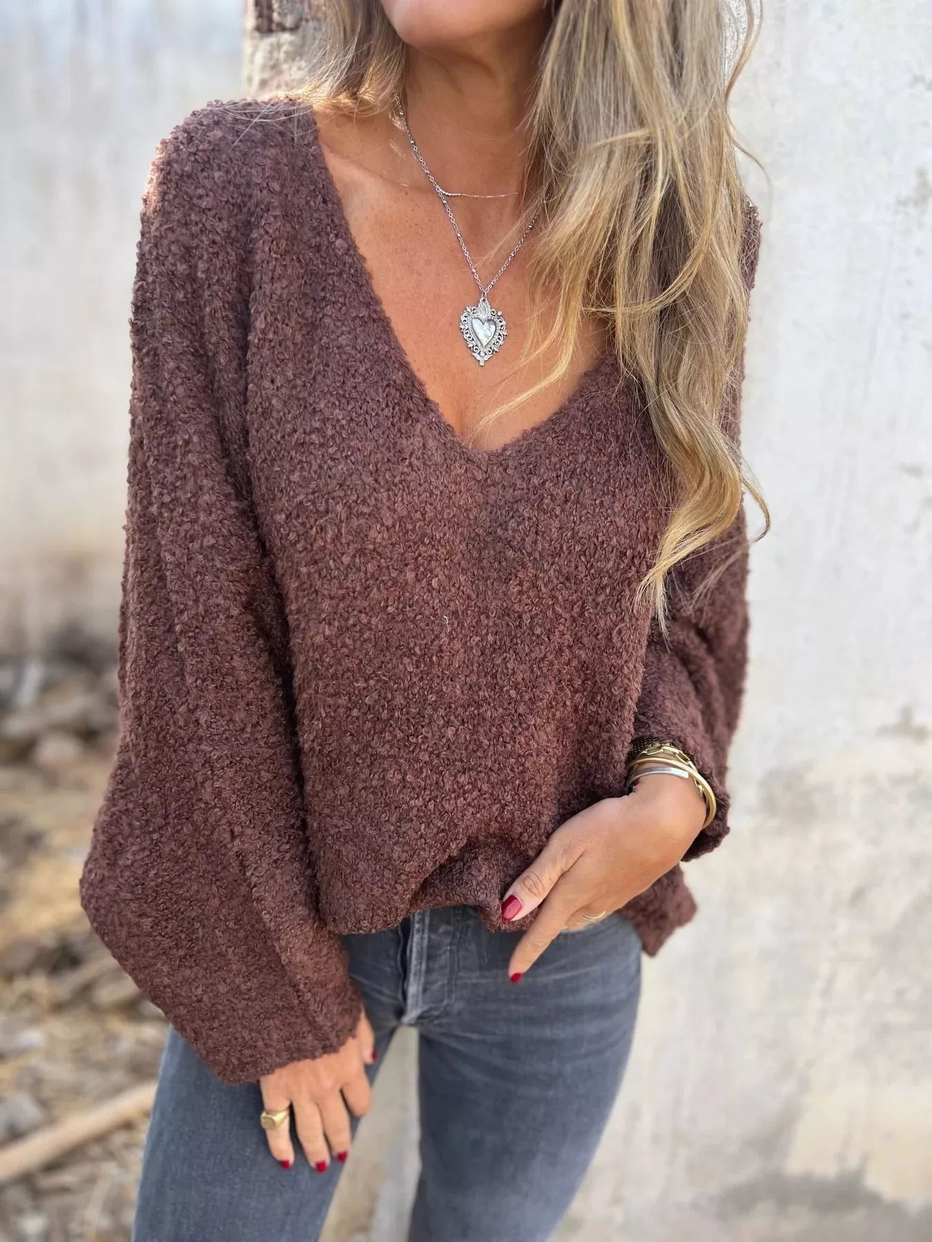 Full Size V-Neck Long Sleeve Sweater Plus Size
