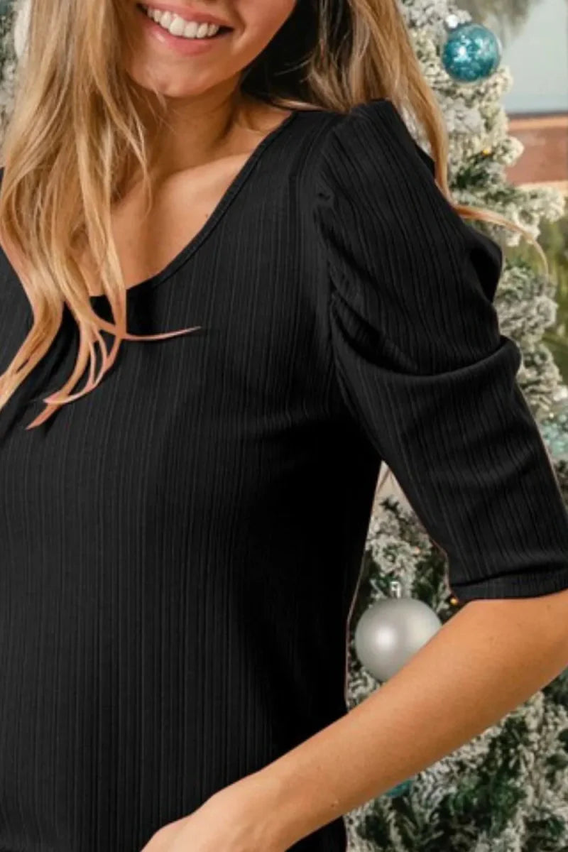 BiBi Verigated Rib Knit Puff Sleeves Shorts Top