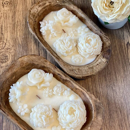 Dough Bowl Candle | Carved Wood Bowl | Floral Candle