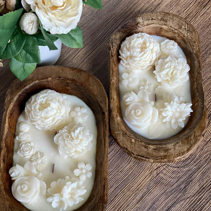 Dough Bowl Candle | Carved Wood Bowl | Floral Candle