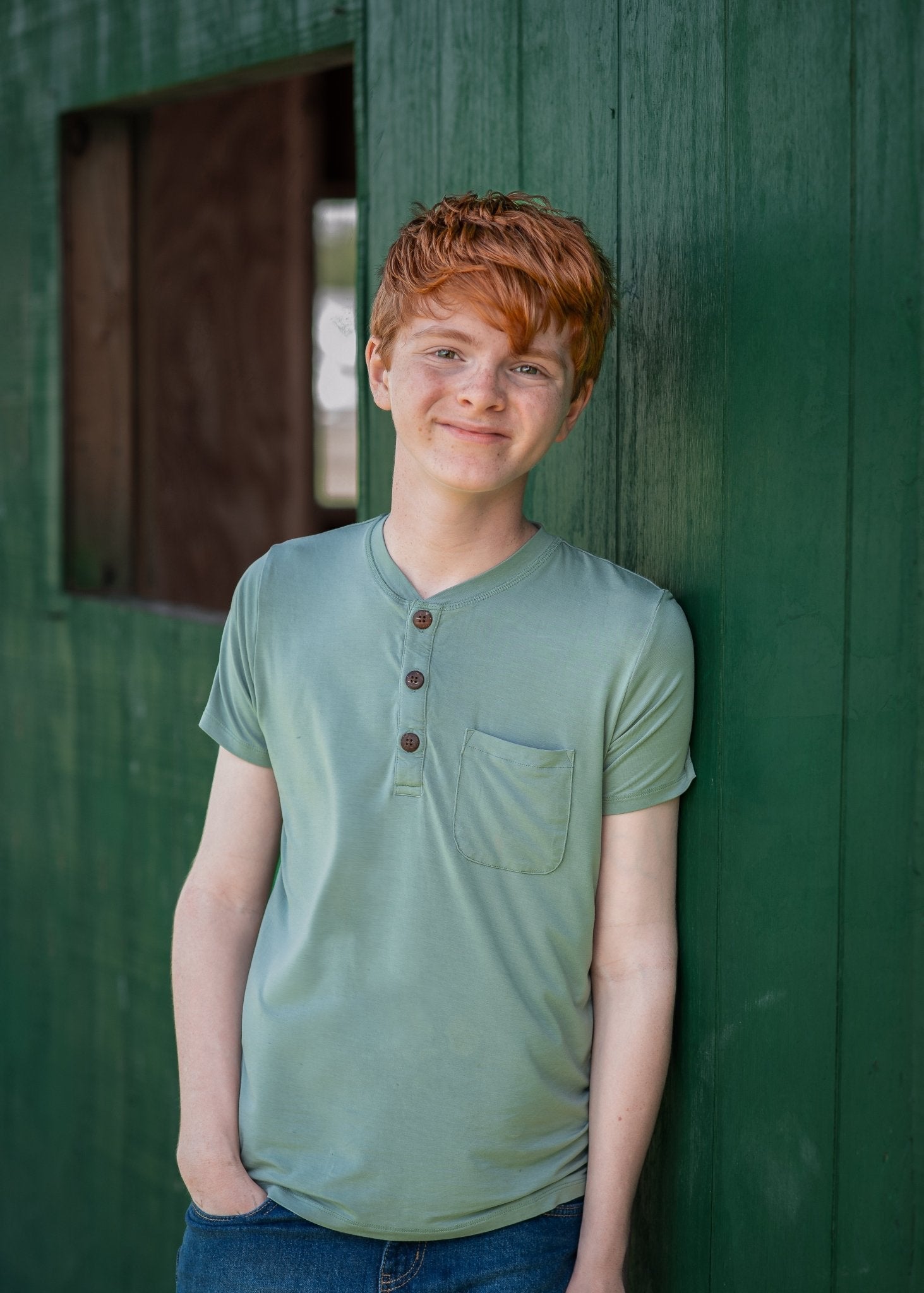 Boys Henley Tee in Sage Green