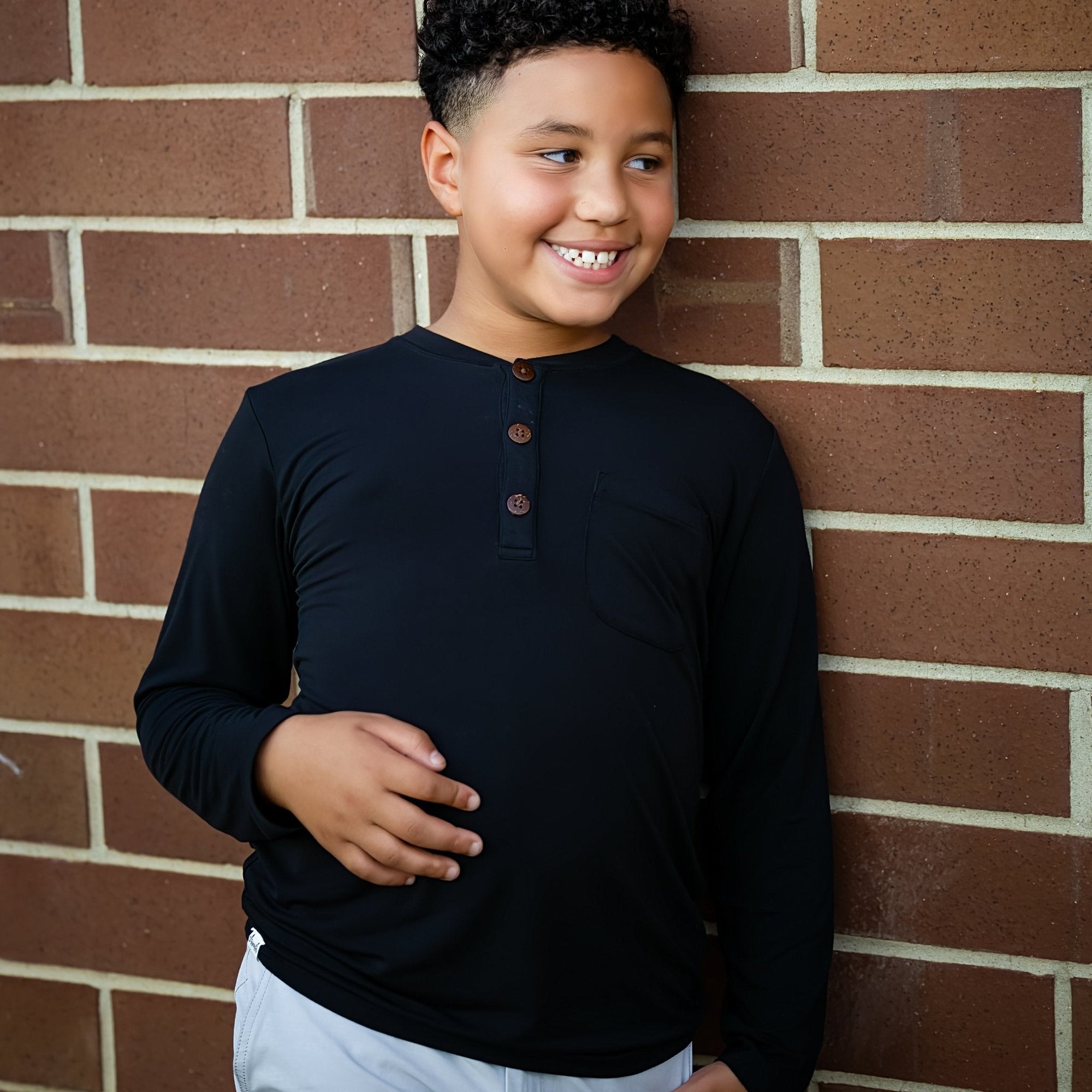 Boys Long Sleeve Henley in Moonless Night