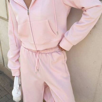Zip Up Drawstring Hoodie and Pants Set