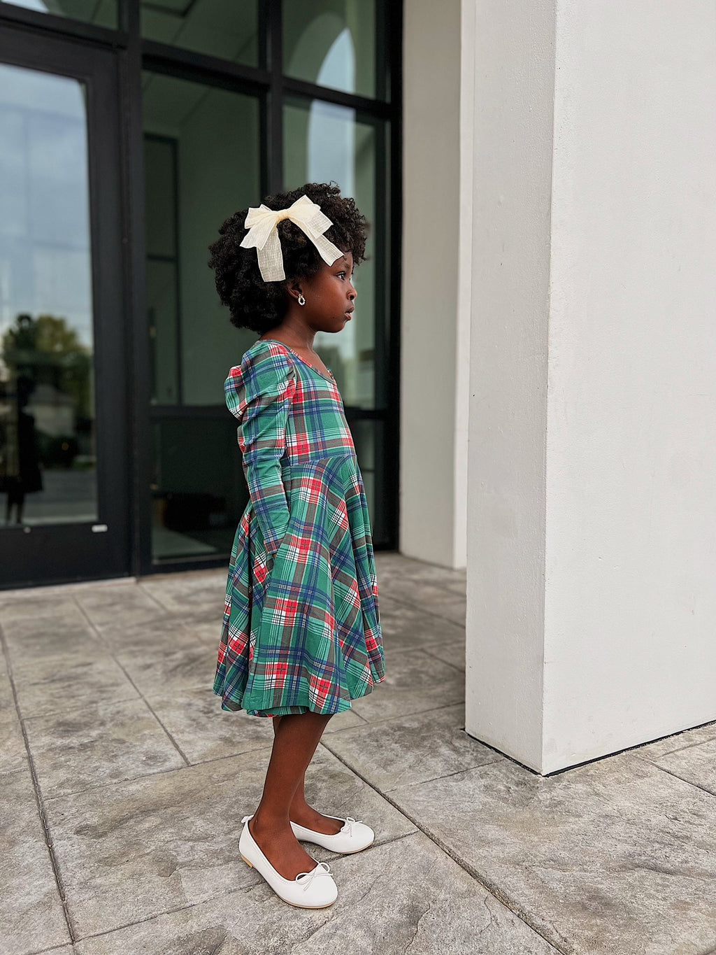 Christmas Plaid Puff Sleeve Twirl Dress