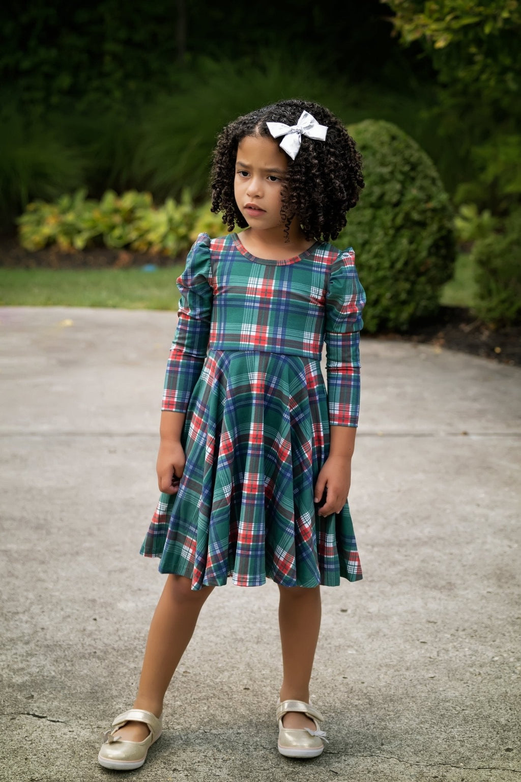 Christmas Plaid Puff Sleeve Twirl Dress