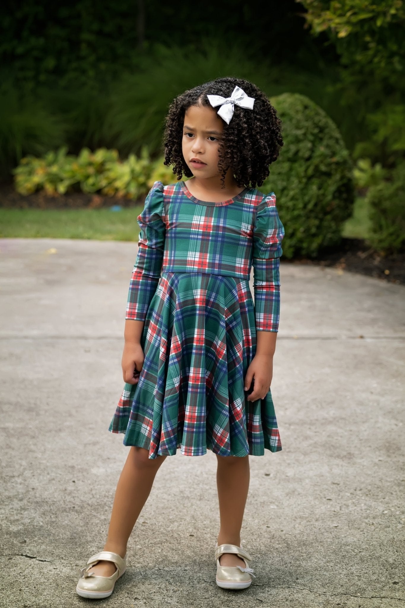 Christmas Plaid Puff Sleeve Twirl Dress