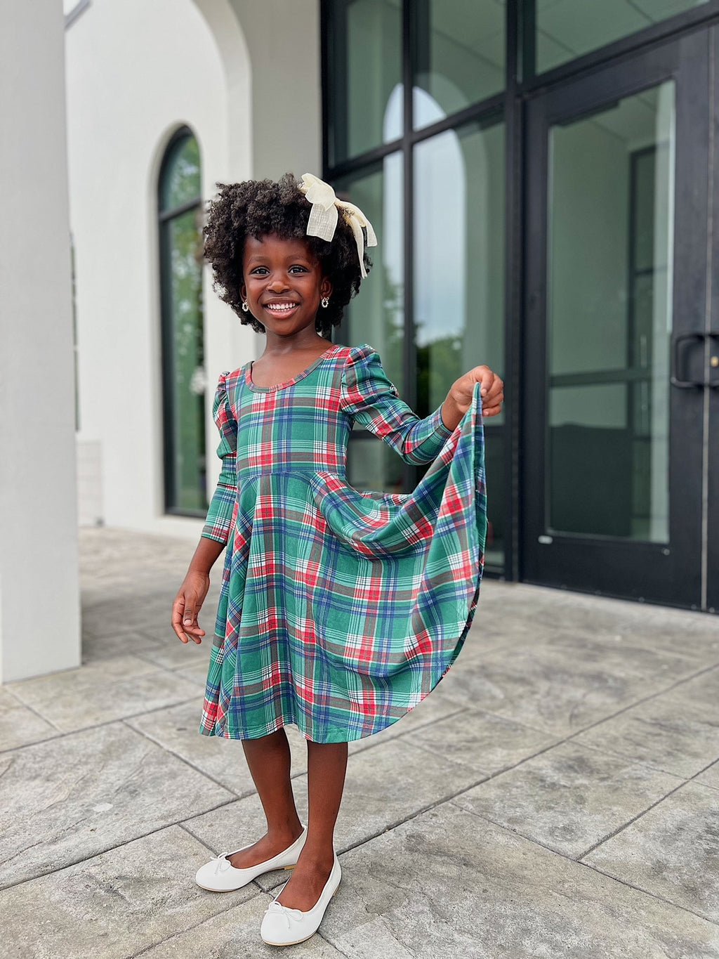 Christmas Plaid Puff Sleeve Twirl Dress