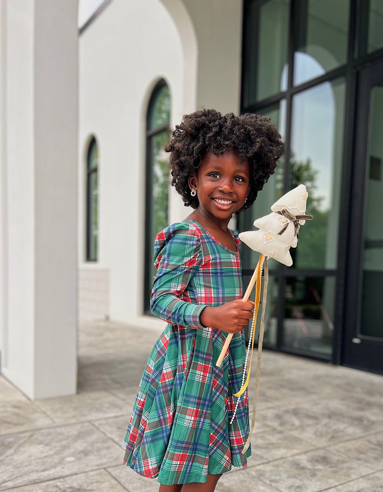 Christmas Plaid Puff Sleeve Twirl Dress