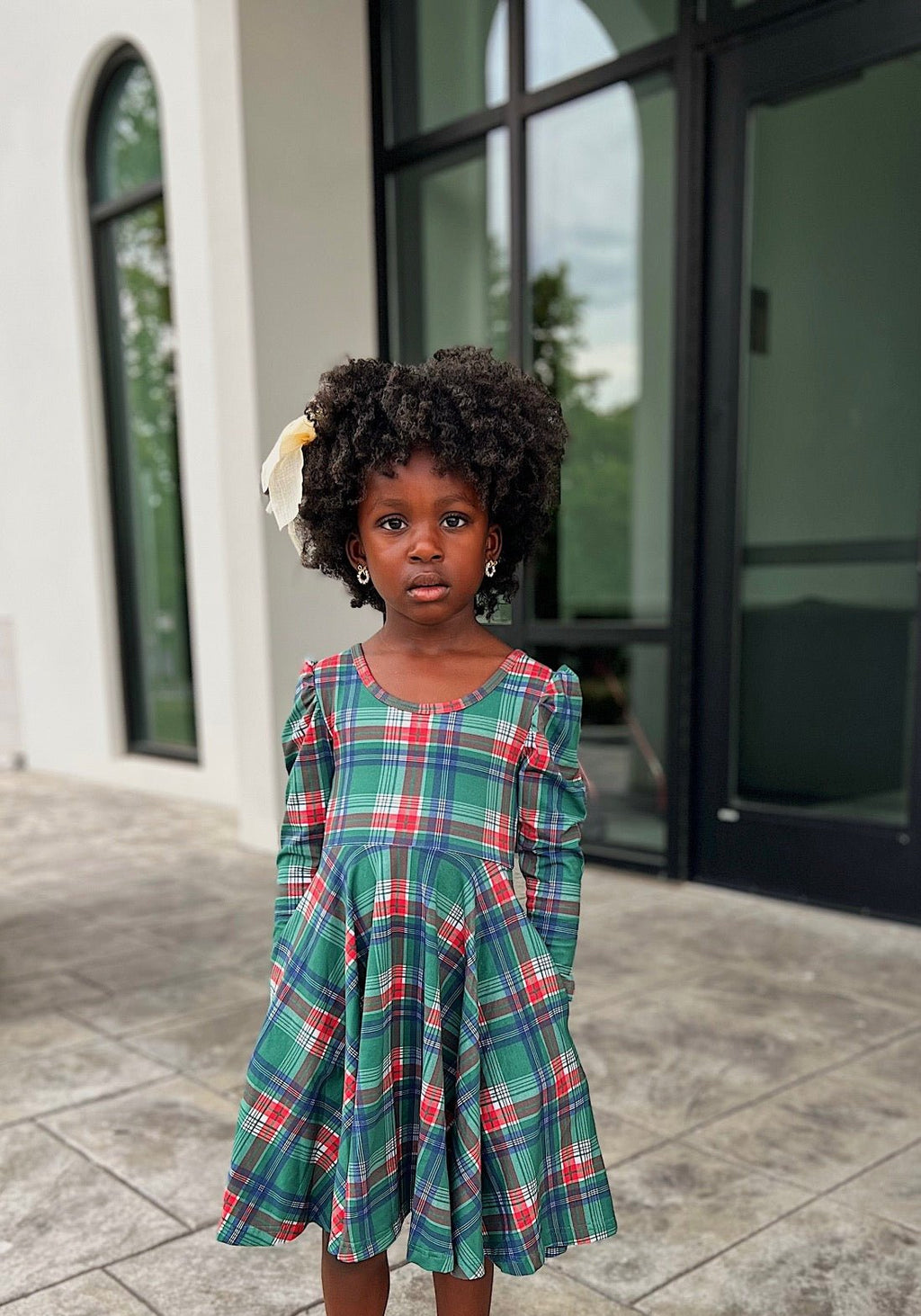 Christmas Plaid Puff Sleeve Twirl Dress