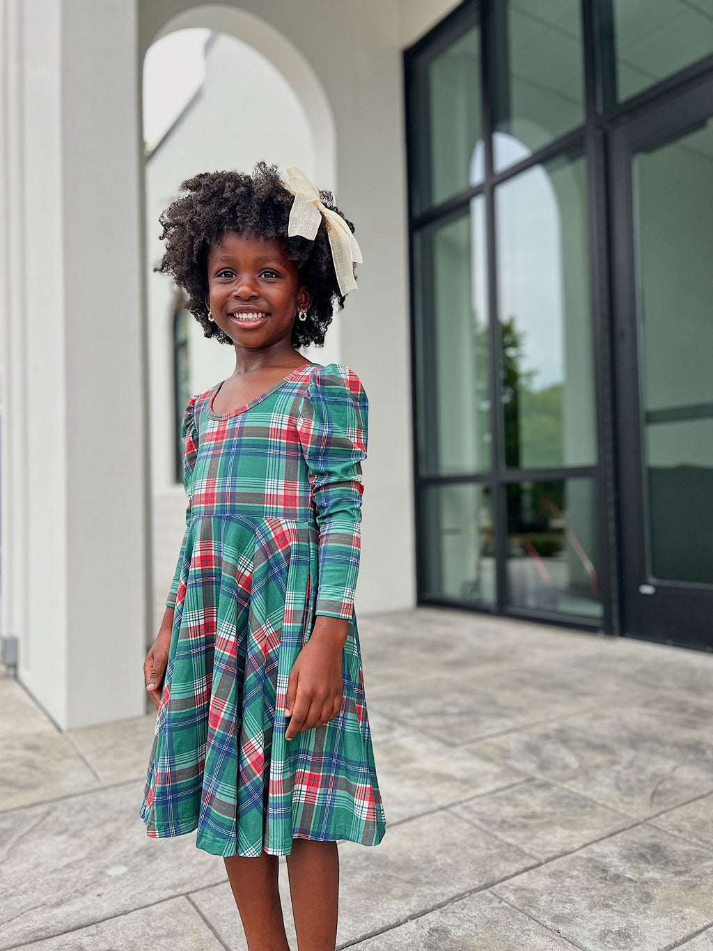 Christmas Plaid Puff Sleeve Twirl Dress